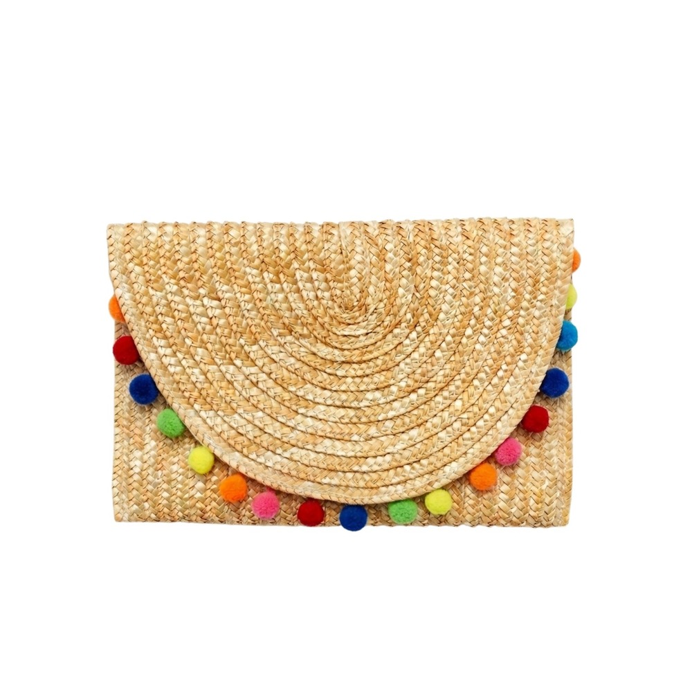 Loft Outlet Woven Straw Pom Pom Clutch Bag Natural Rainbow Summer Beach NWT